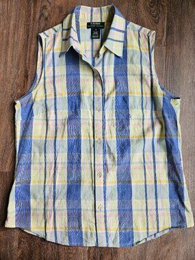 Ralph Lauren yellow blue summer plaid collar sleeveless tank 100% cotton women M